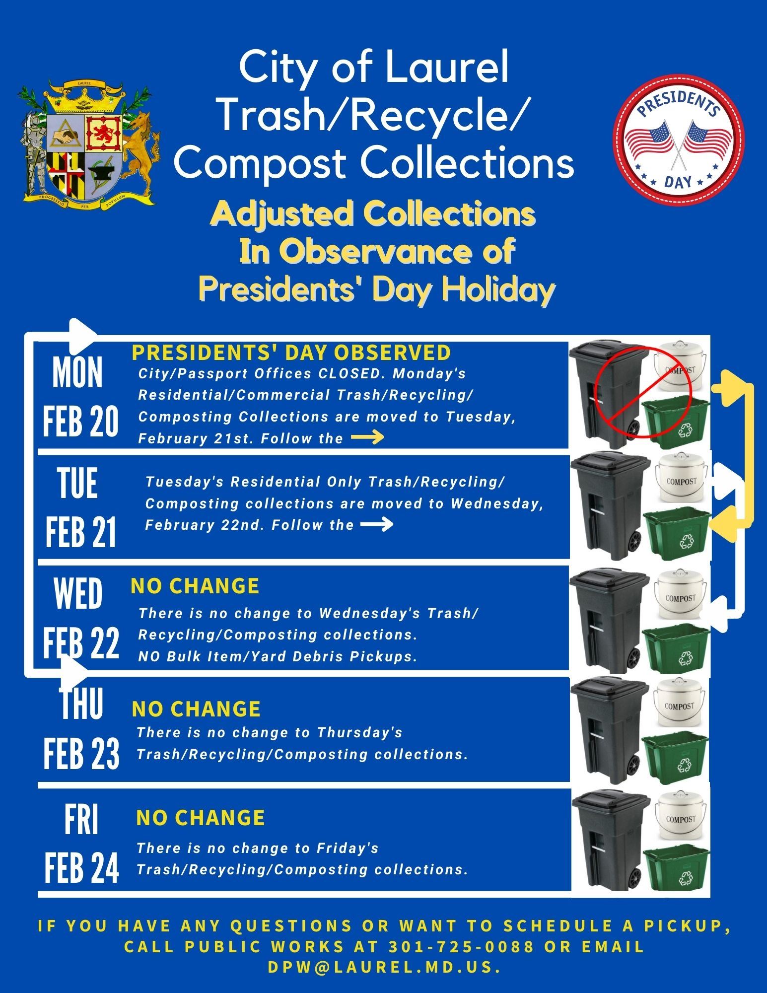 Flyer Showing February 20th through February 24th the Adjusted Collection Schedule for Public Works