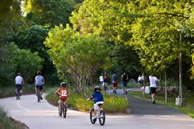 Picture of People in a Park Walking and Biking