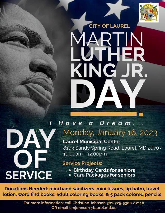 Flyer with a Picture of Dr. King and Day of Service Information. January 16, 2023, at 10:00am.