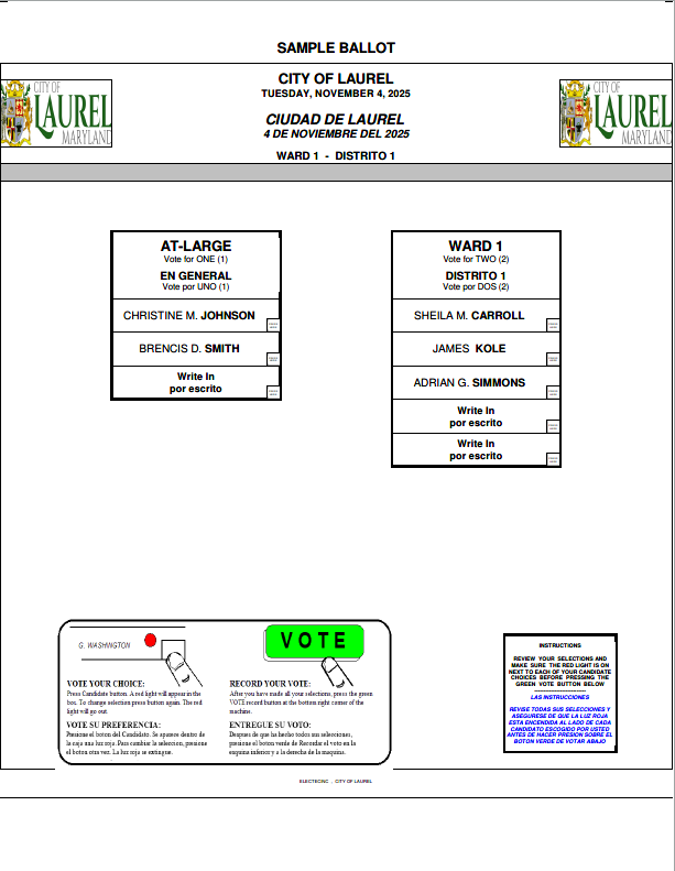 Ward 1 Sample Ballot